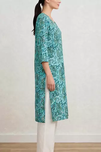 Turquoise and gren hand block printed pure cotton kurti