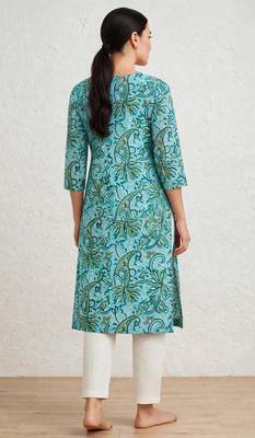 Turquoise and gren hand block printed pure cotton kurti 4