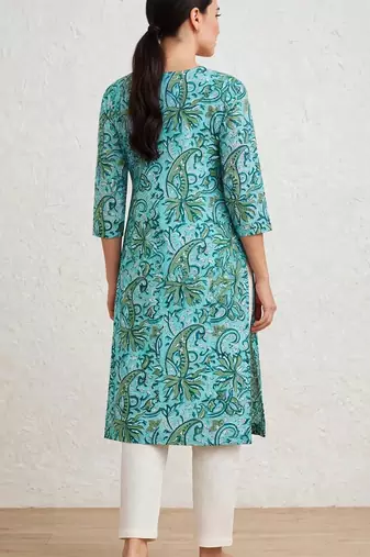 Turquoise and gren hand block printed pure cotton kurti