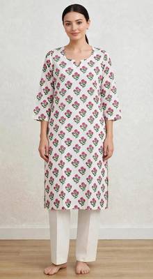 Pink white hand block printed  pure cotton kurti 1