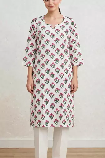 Pink white hand block printed  pure cotton kurti