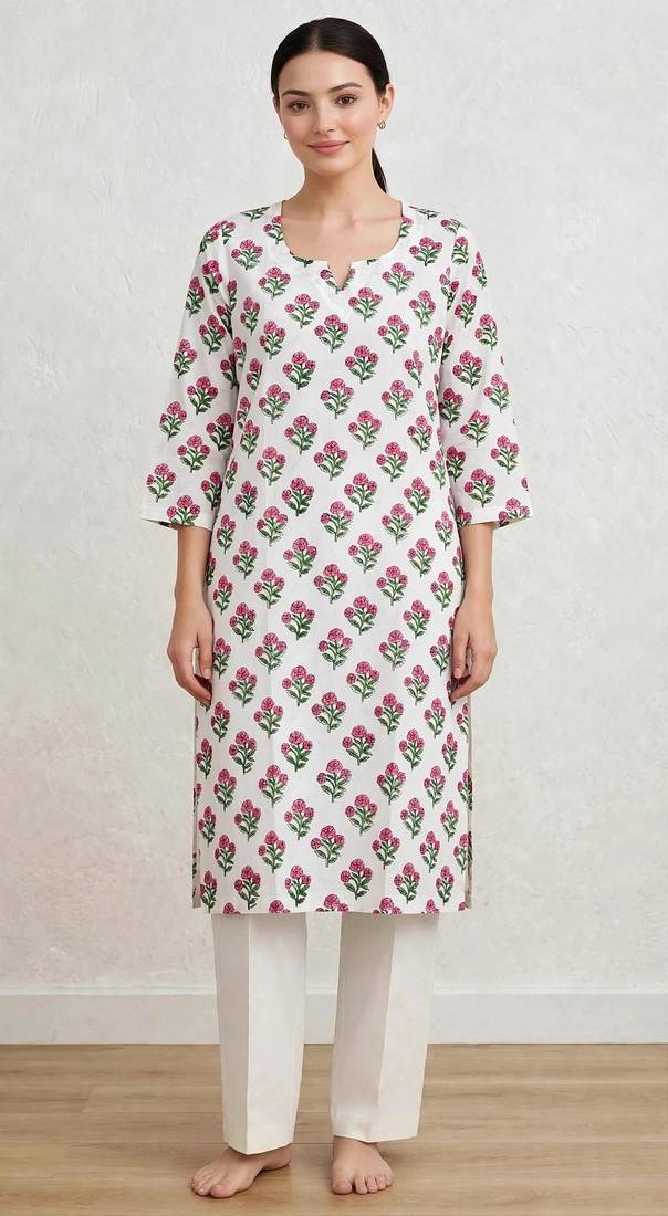 Pink white hand block printed  pure cotton kurti