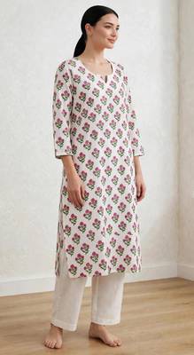 Pink white hand block printed  pure cotton kurti 2
