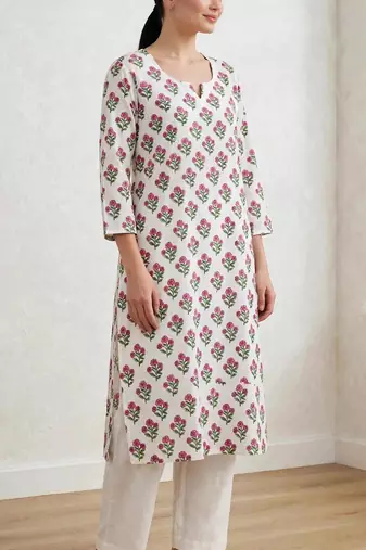 Pink white hand block printed  pure cotton kurti