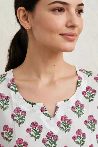 Pink white hand block printed  pure cotton kurti