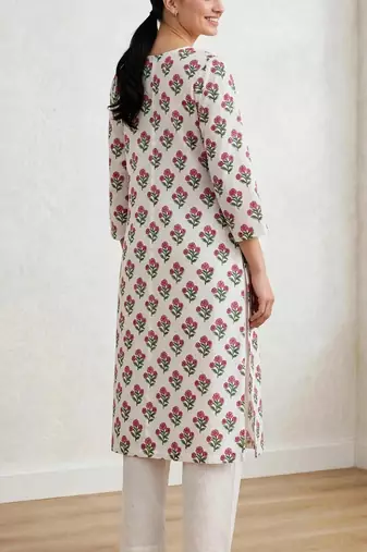 Pink white hand block printed  pure cotton kurti