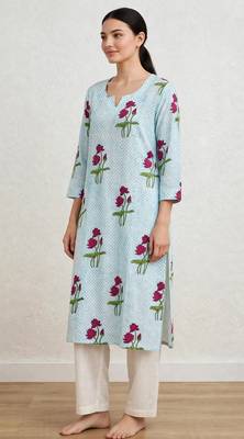 Aqua blue red lotus hand block printed pure cotton kurti 1