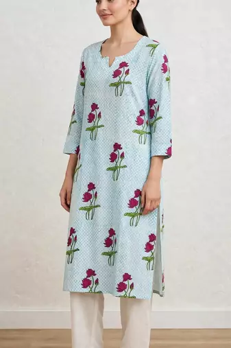 Aqua blue red lotus hand block printed pure cotton kurti