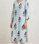 Aqua blue red lotus hand block printed pure cotton kurti