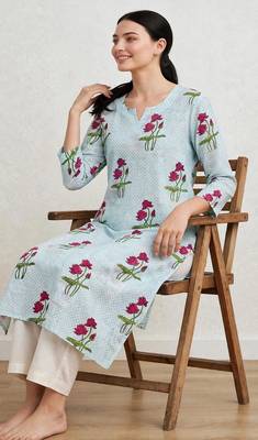 Aqua blue red lotus hand block printed pure cotton kurti 2
