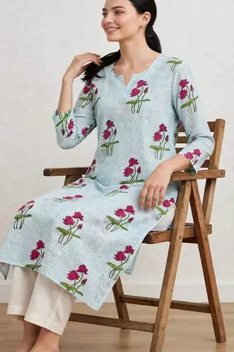 Aqua blue red lotus hand block printed pure cotton kurti