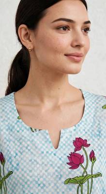 Aqua blue red lotus hand block printed pure cotton kurti 3