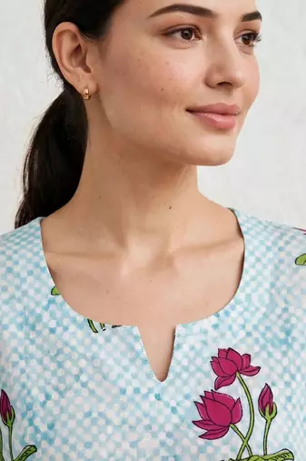 Aqua blue red lotus hand block printed pure cotton kurti