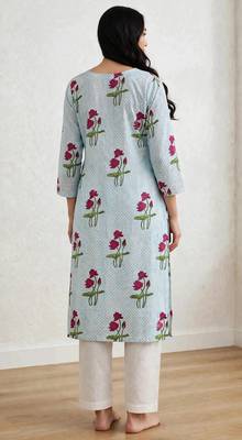Aqua blue red lotus hand block printed pure cotton kurti 4