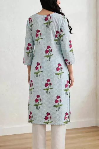 Aqua blue red lotus hand block printed pure cotton kurti