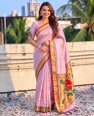 women's zari woven paithani soft silk blend traditional saree with blouse 1