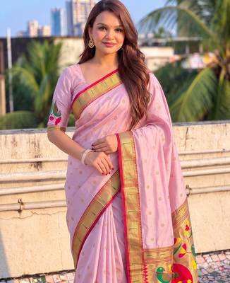 women's zari woven paithani soft silk blend traditional saree with blouse 2