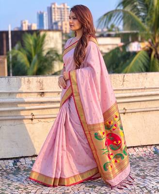 women's zari woven paithani soft silk blend traditional saree with blouse 3