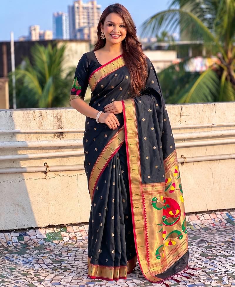 women's zari woven paithani soft silk blend traditional saree with blouse