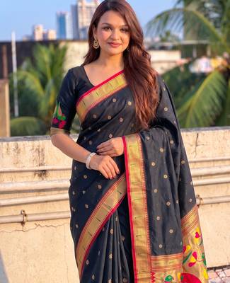 women's zari woven paithani soft silk blend traditional saree with blouse 2