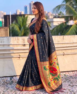women's zari woven paithani soft silk blend traditional saree with blouse 3