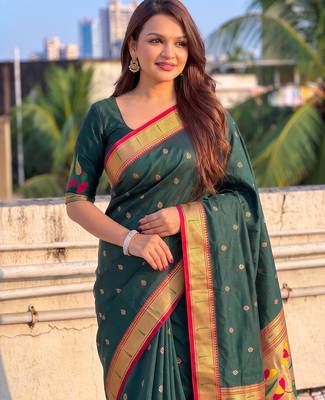 women's zari woven paithani soft silk blend traditional saree with blouse 2