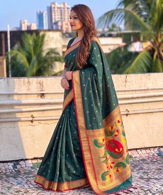 women's zari woven paithani soft silk blend traditional saree with blouse 3