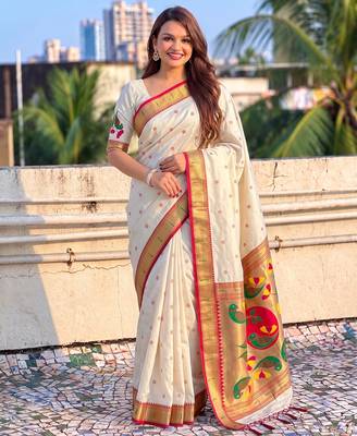 women's zari woven paithani soft silk blend traditional saree with blouse 1