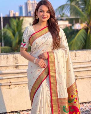 women's zari woven paithani soft silk blend traditional saree with blouse 2