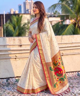 women's zari woven paithani soft silk blend traditional saree with blouse 3