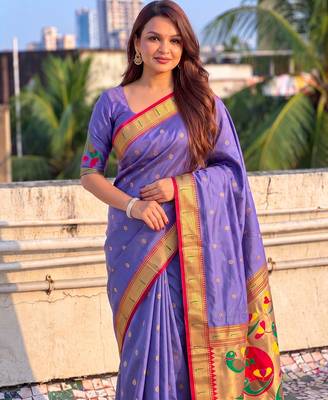women's zari woven paithani soft silk blend traditional saree with blouse 2