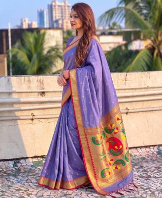 women's zari woven paithani soft silk blend traditional saree with blouse 3