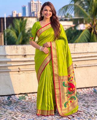 women's zari woven paithani soft silk blend traditional saree with blouse 1