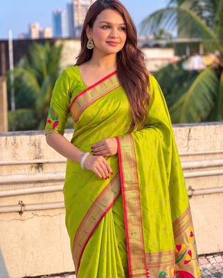 women's zari woven paithani soft silk blend traditional saree with blouse 2