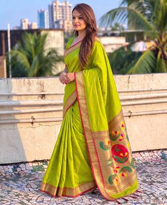 women's zari woven paithani soft silk blend traditional saree with blouse 3