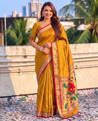 women's zari woven paithani soft silk blend traditional saree with blouse 1