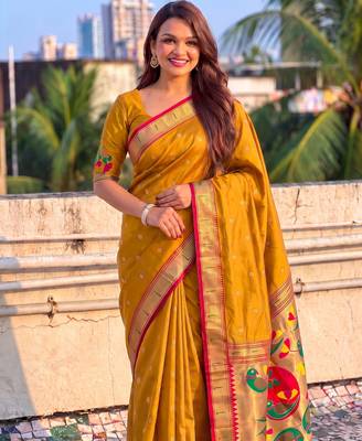 women's zari woven paithani soft silk blend traditional saree with blouse 2