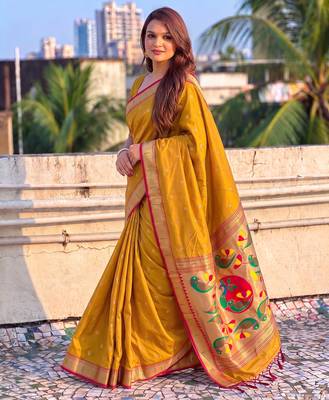 women's zari woven paithani soft silk blend traditional saree with blouse 3