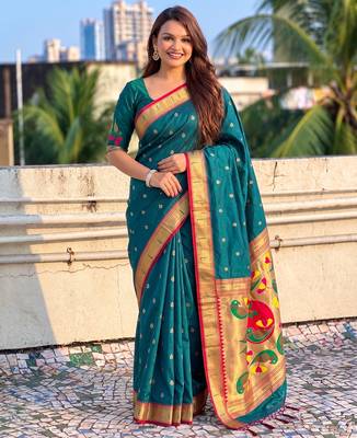 women's zari woven paithani soft silk blend traditional saree with blouse 1