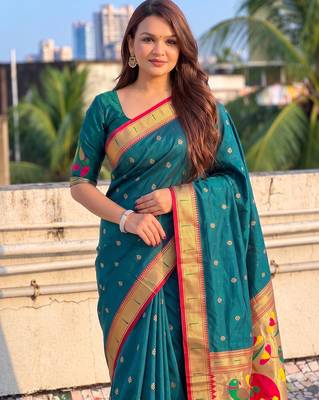 women's zari woven paithani soft silk blend traditional saree with blouse 2