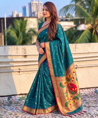 women's zari woven paithani soft silk blend traditional saree with blouse 3