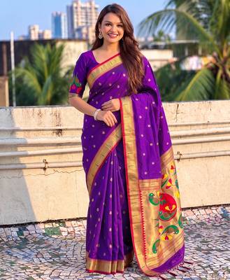 women's zari woven paithani soft silk blend traditional saree with blouse 1