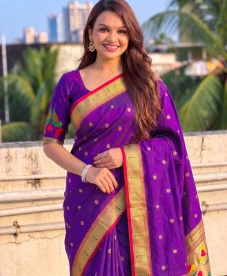 women's zari woven paithani soft silk blend traditional saree with blouse 2