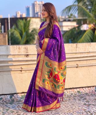 women's zari woven paithani soft silk blend traditional saree with blouse 3