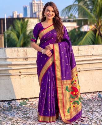 women's zari woven paithani soft silk blend traditional saree with blouse 1