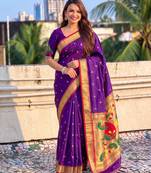 women's zari woven paithani soft silk blend traditional saree with blouse
