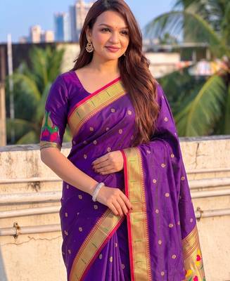 women's zari woven paithani soft silk blend traditional saree with blouse 2