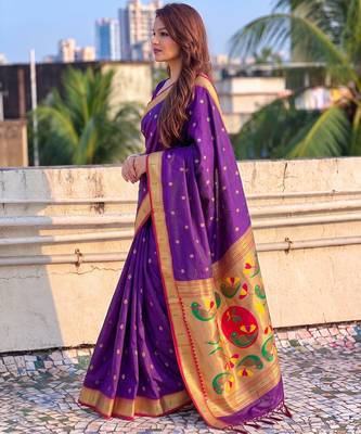 women's zari woven paithani soft silk blend traditional saree with blouse 3