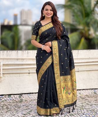 women's zari woven paithani silk blend traditional saree with blouse 1