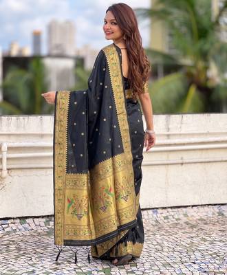 women's zari woven paithani silk blend traditional saree with blouse 2